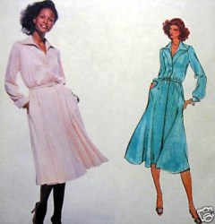 1829  VOGUE J SILVERMAN FLARE BLOUSON PLEAT LONG SLEEVE DRESS 70s PATTERN 10, 12